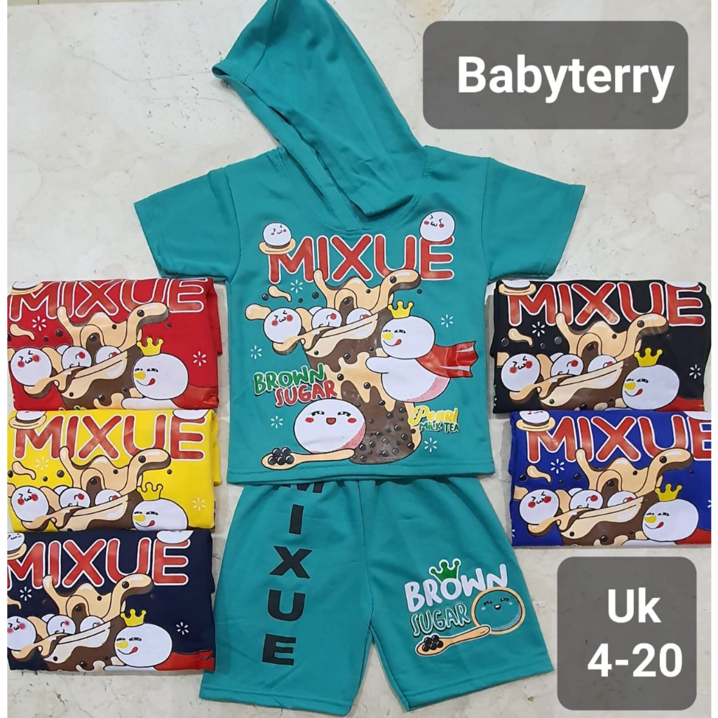 SETELAN ES CREAM MIXUE TOPI LENGAN PENDEK ANAK LKI-LAKI UMUR 1-9 TAHUN TERBARU / BAJU BEBYTERRY TOPI