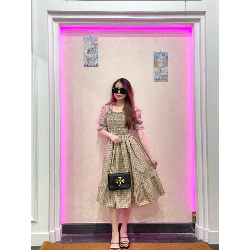 RD FASHION - SMOCKED DRESS / Gaun musim panas kasual baru Lengan pendek smocked dress lipit bunga dengan dasi belakang / gaun kasual A-line gaun smocked berlipat bunga lengan pendek-KOTAK BIKA