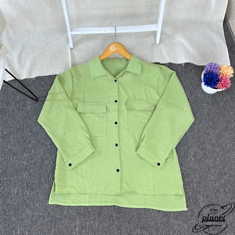 BLOUSE KEMEJA SAKU KOREAN BLOUSE CRINGKEL POLOS BASIC SHIRT OVERSIZE