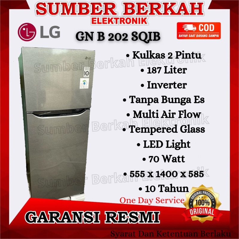 Kulkas LG 2 pintu GN B 202SQIB inverter low watt 187 liter garansi resmi 202 SQIB promo