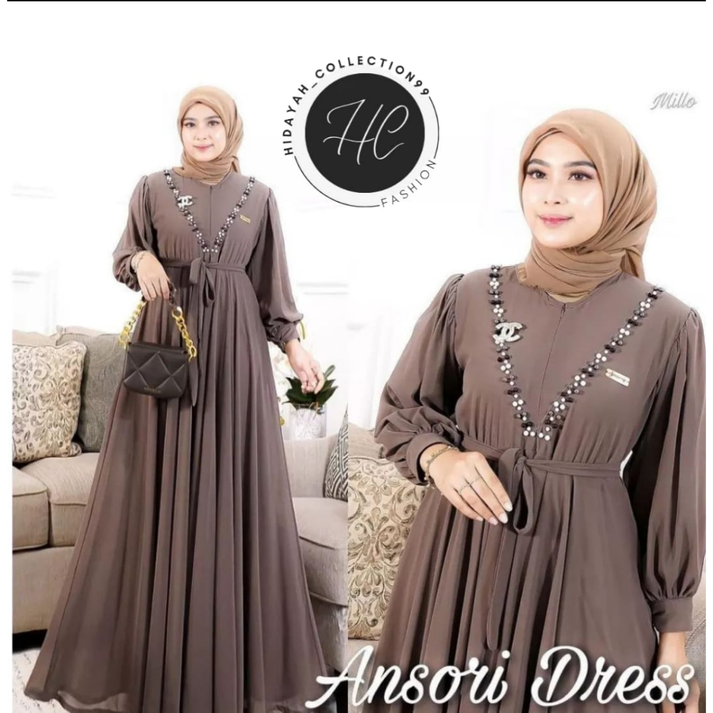 Ansori Dress Gamis Impor Terbaru 2023 / dress Bahan Ceruty Babydoll Aplikasi swaroski Mutiara Tali Pinggang Misah Dress Terbaru Muslim Kekinian Model Gamis Kondangan Lebaran Terbaik 2023