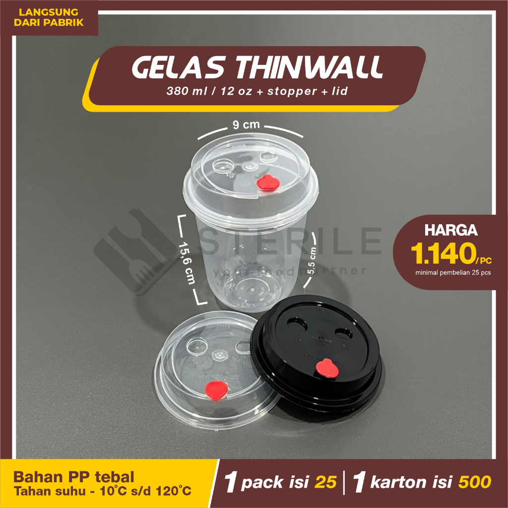 GELAS THINWALL OVAL 380 ML 12 OZ + TUTUP HARGA @25 PCS / GELAS PP INJECT 380 ML / GELAS BOBA TEBAL