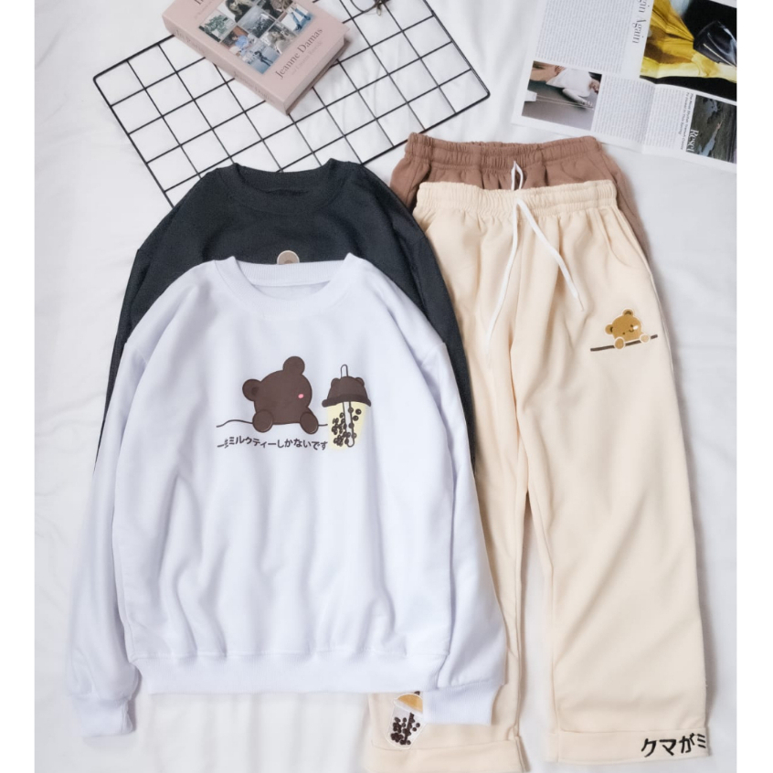 One Sett Kasual BearBoba Sweater Dan Celana Lucu Setelan Wanita korean Stlye