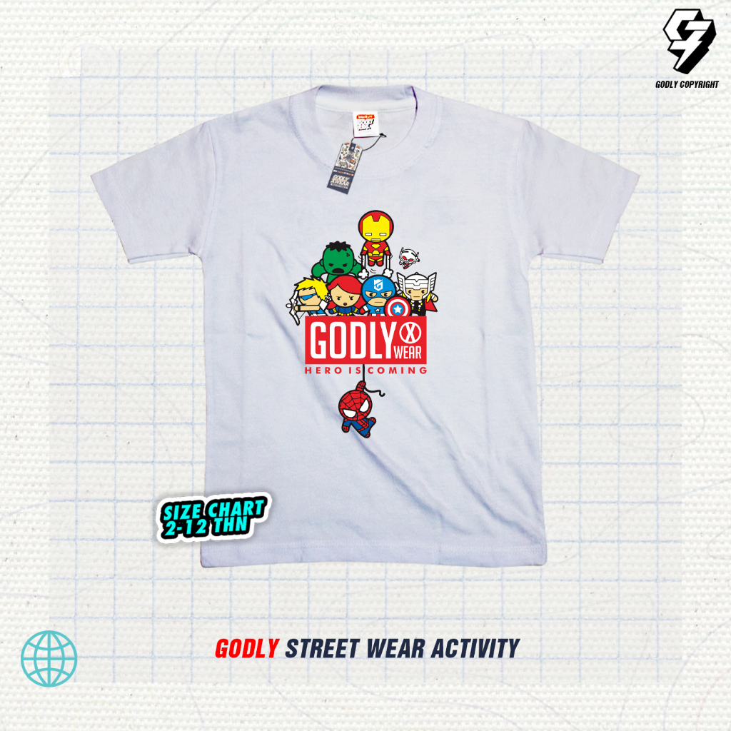 Hero Marvel COD [BAYAR DI TEMPAT] KAOS DISTRO ANAK GODLY X WEAR KIDS AND JUNIOIR USIA 1-12 TAHUN TERLARIS