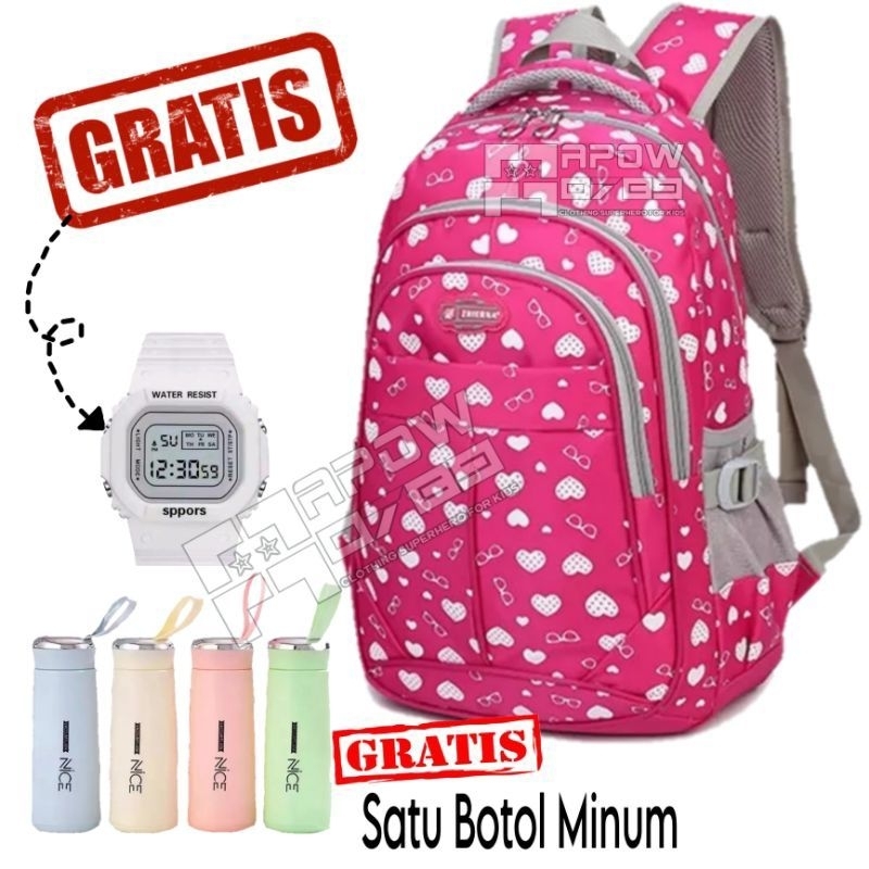 PAKET 3 IN 1 Tas Ransel Sekolah Anak Perempuan Sd Smp Ransel Love Free Jam tangan Dan Botol