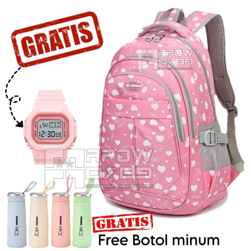 PAKET 3 IN 1 Tas Ransel Sekolah Anak Perempuan Sd Smp Ransel Love Free Jam tangan Dan Botol