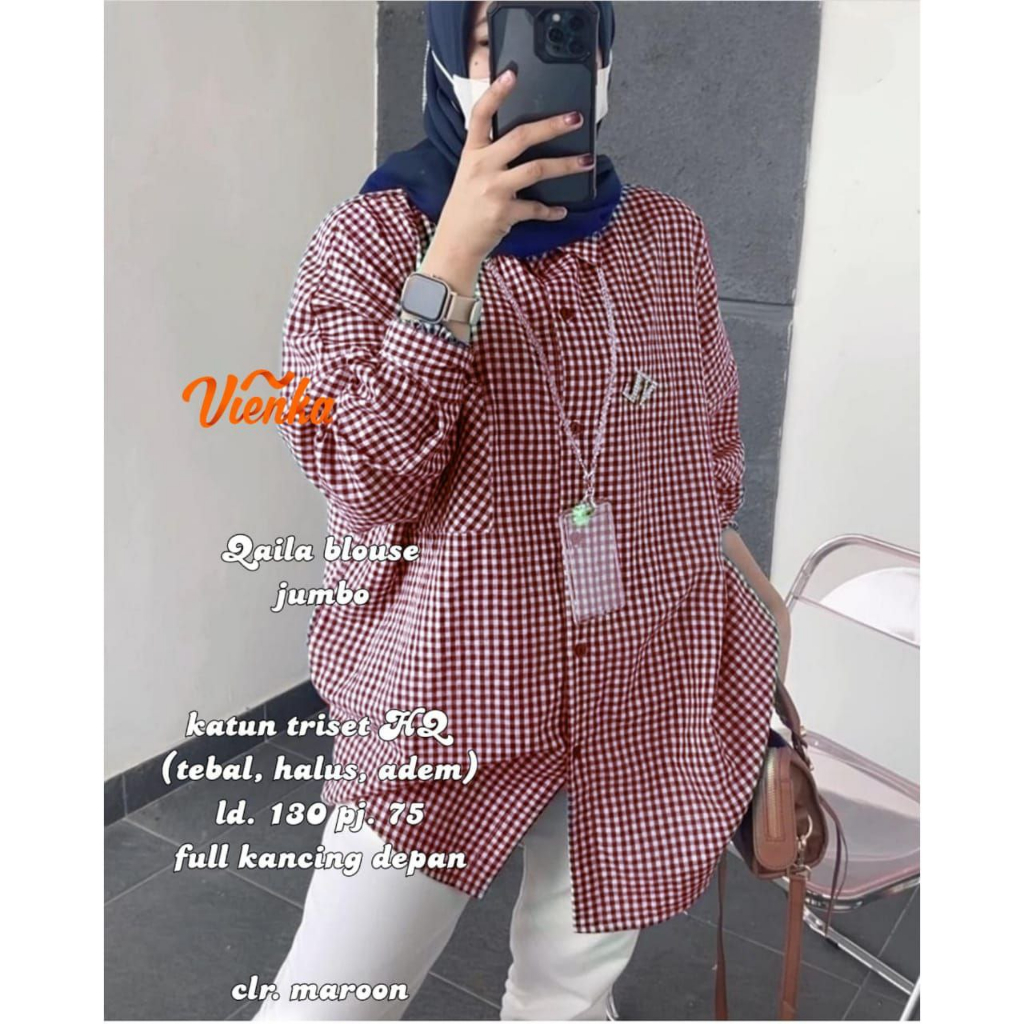 BAJU WANITA KEMEJA JUMBO BIGSIZE KATUN KOTAK-KOTAK OUTFIT HIJAB MUSLIMAH