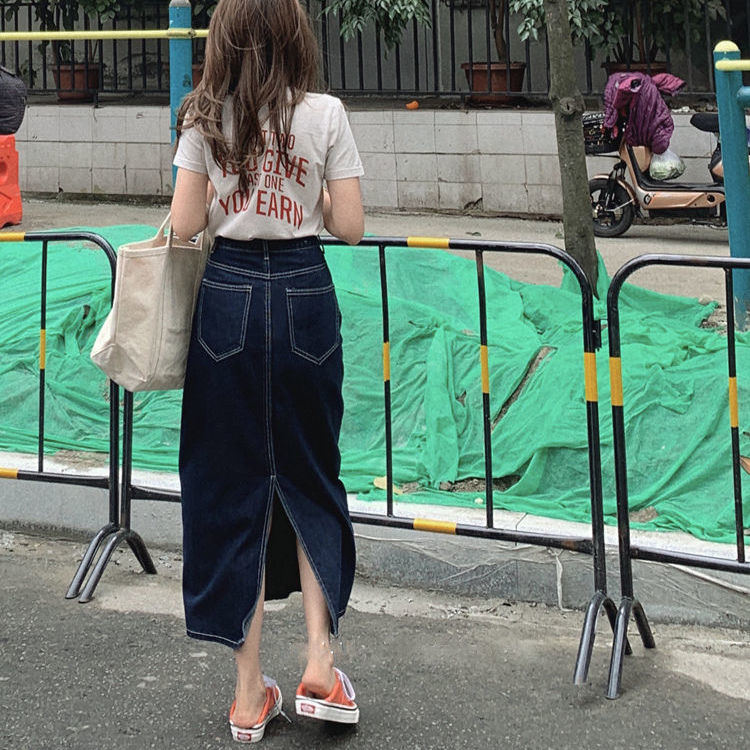 Rok denim split gaya Korea rok a-line wanita berpinggang tinggi sedang untuk menutupi rok pinggul selangkangan