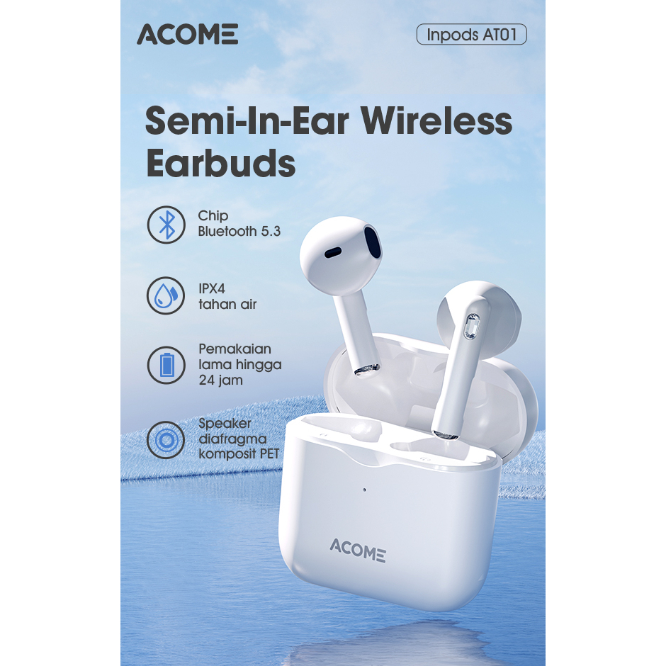 Acome Headset Earphone TWS Bluetooth 5.3 IPX4 Waterproof 3 Gram Ultra Light Inpods AT01 (TWS ONLY)