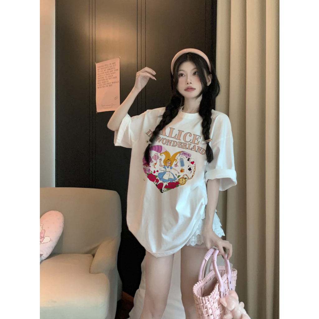 EUNII T-shirt Lengan Pendek Cartoon Pink Alice In Wonderland Printing Korean Style/Kaos Atasan Wanita/Baju Kaus Oversize Wanita/Kaos Wanita