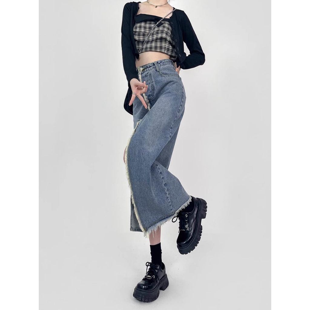 Rok Belahan Denim Raw Edge Retro Untuk Wanita Korea