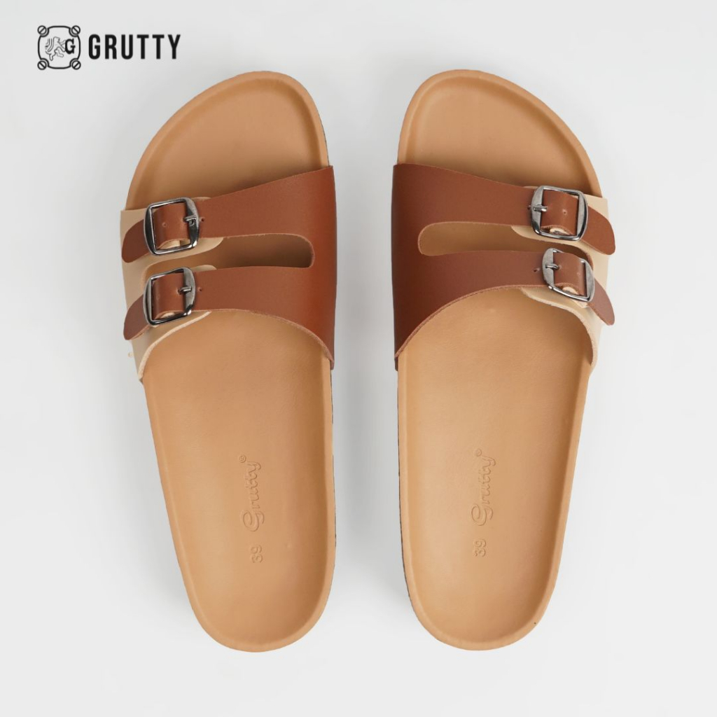 GRUTTY Trella Sandal Wanita Flat Two Tone Series Sendal Kekinian Super Comfy Cream Kombinasi