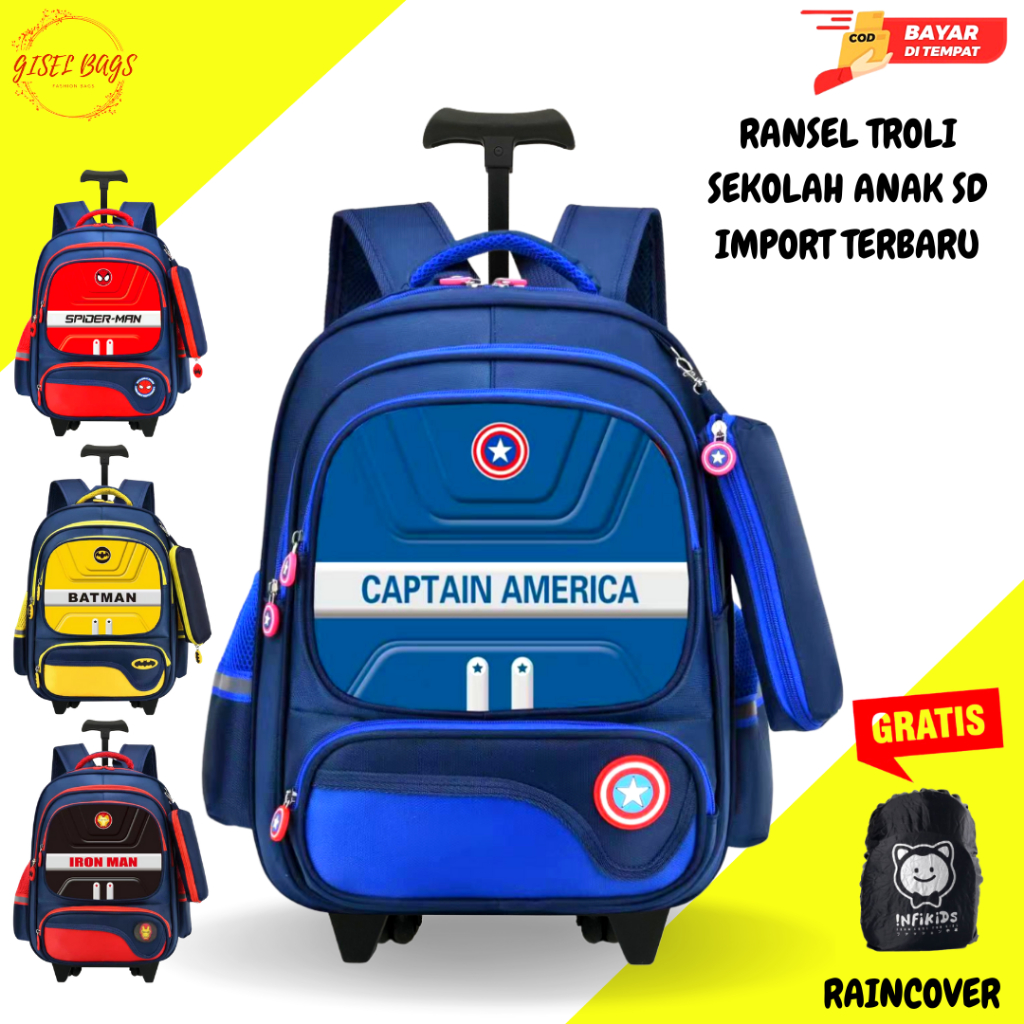 Tas Troli Anak Laki Laki Sekolah SD Ransel Import Premium Karakter Gambar Superhero Timbul 6D Roda Dorong BY GISEL BAGS