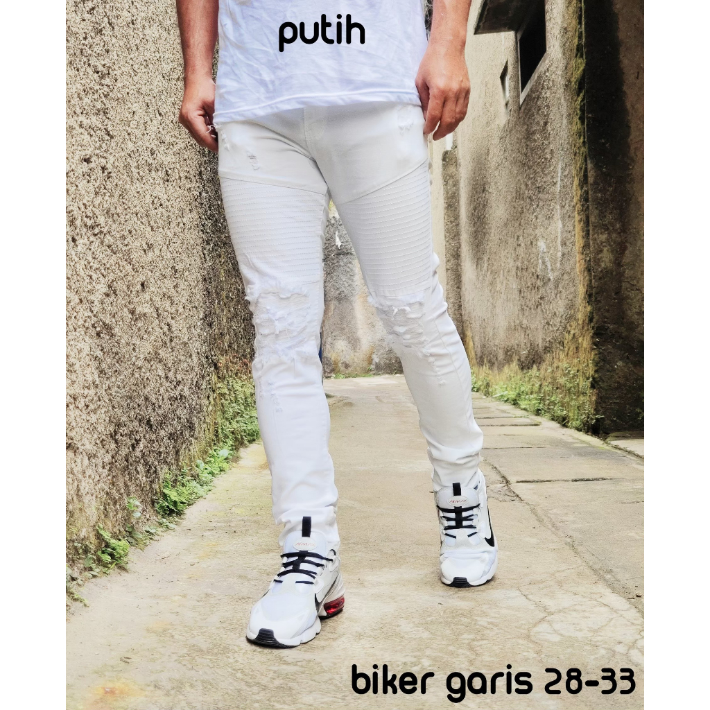 celana panjang putih biker garis sobek jeans pria biker sobek jeans pria putih sobek distro terbabru