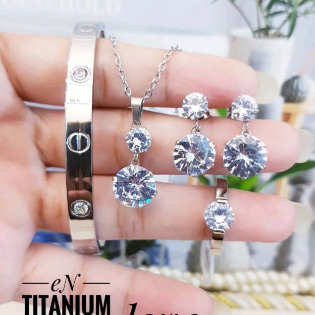 Set Perhiasan Titanium Permata Zircon Cantik Aksesoris Fashion Wanita Dewasa 1506a1