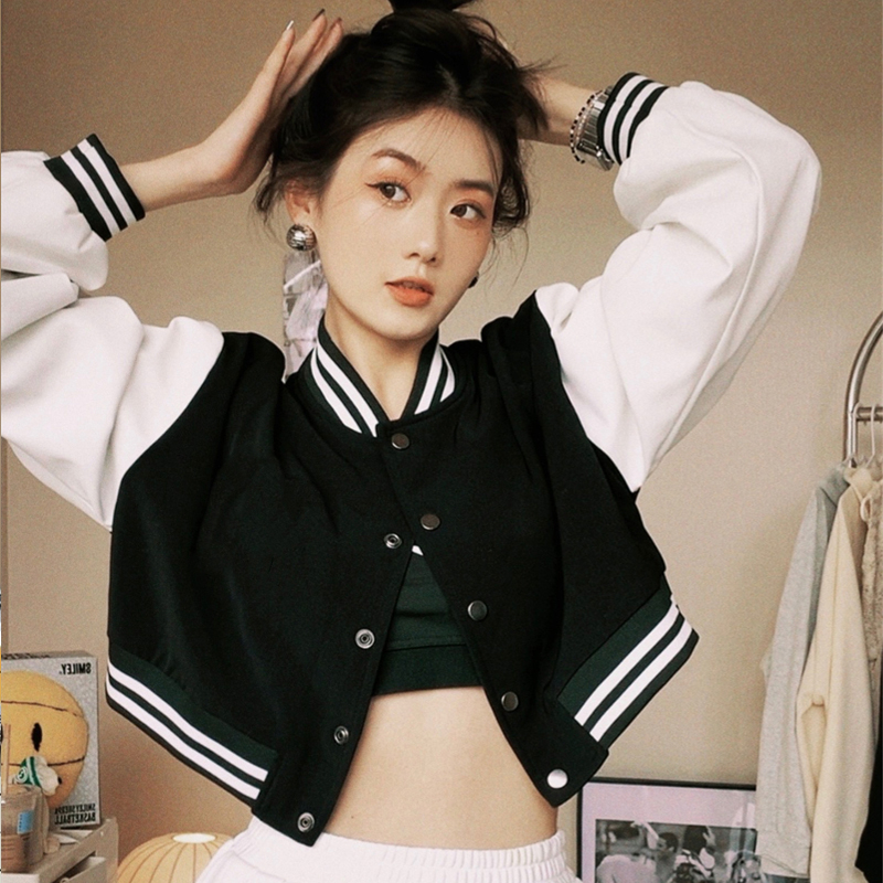 [2 warna] Korean Style Retro Jaket Baseball Wanita Oversize Crop Top Jaket