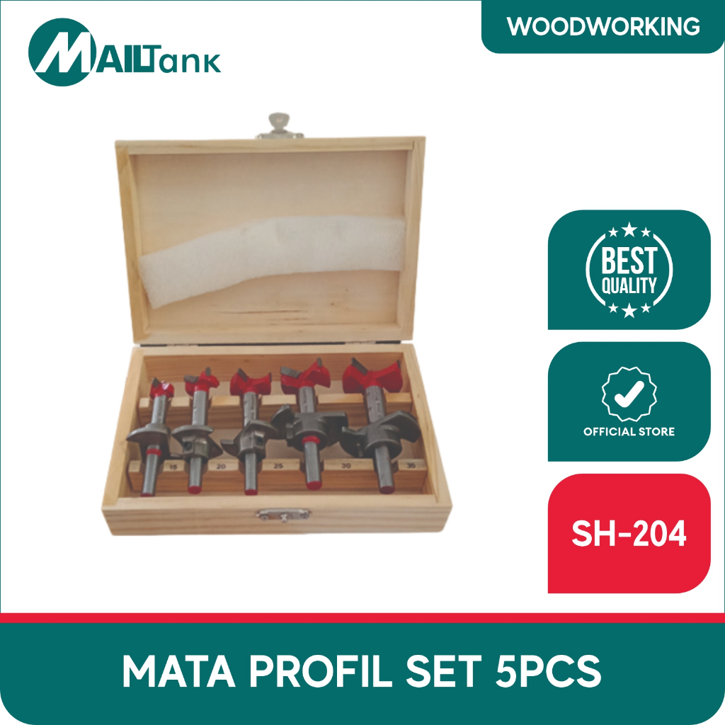 MAILTANK SH-204 mata profil engsel sendok set 5pcs / forstner drill bit set trimmer wooden box