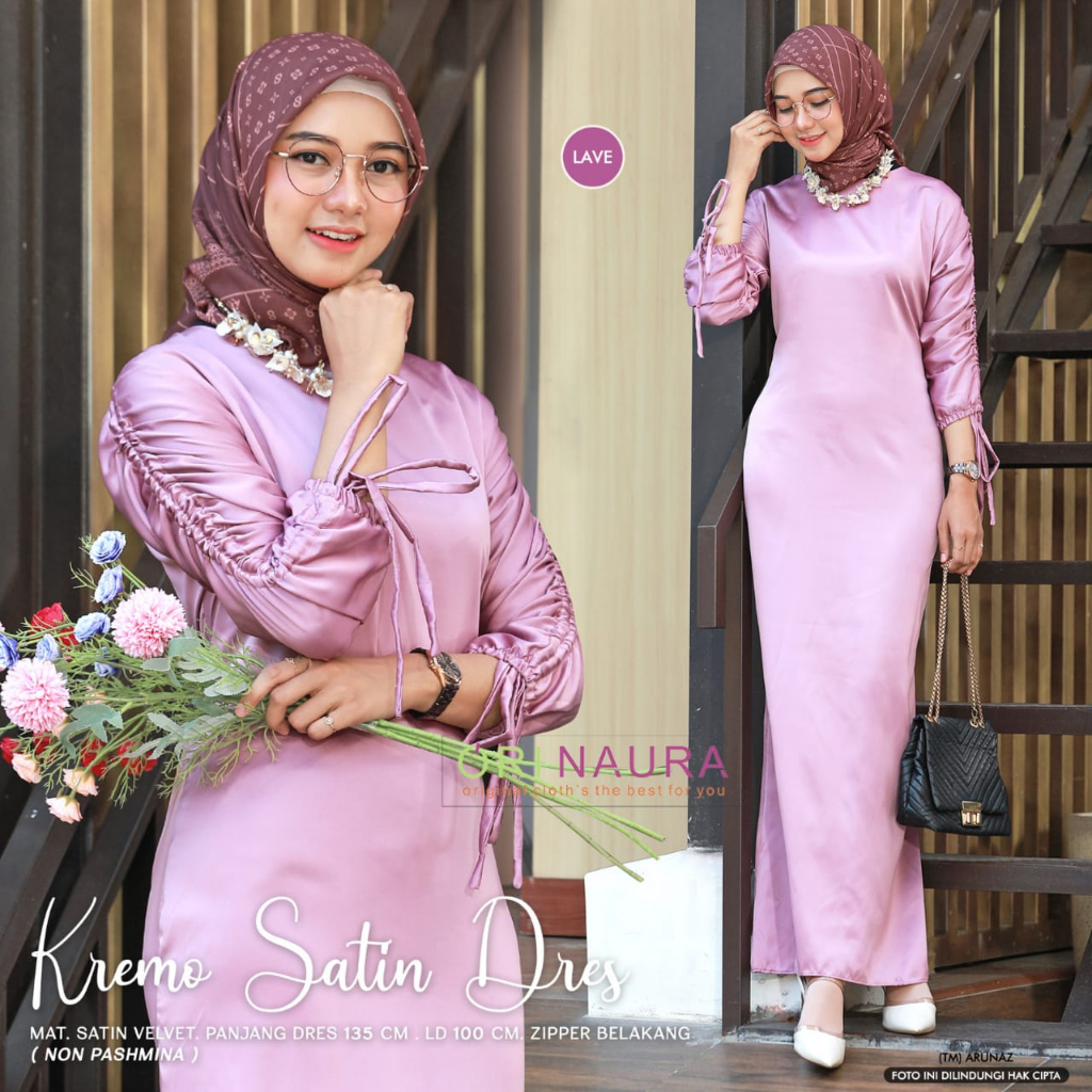 Krema Satin Dress Gamis Muslim Ziper Belakang Original Produk By Orinaura