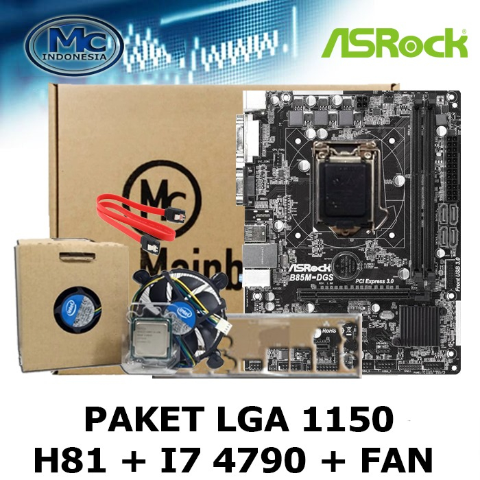 Mobo Mainboard B85 LGA 1150 + Processor i7 4790 + fan intel