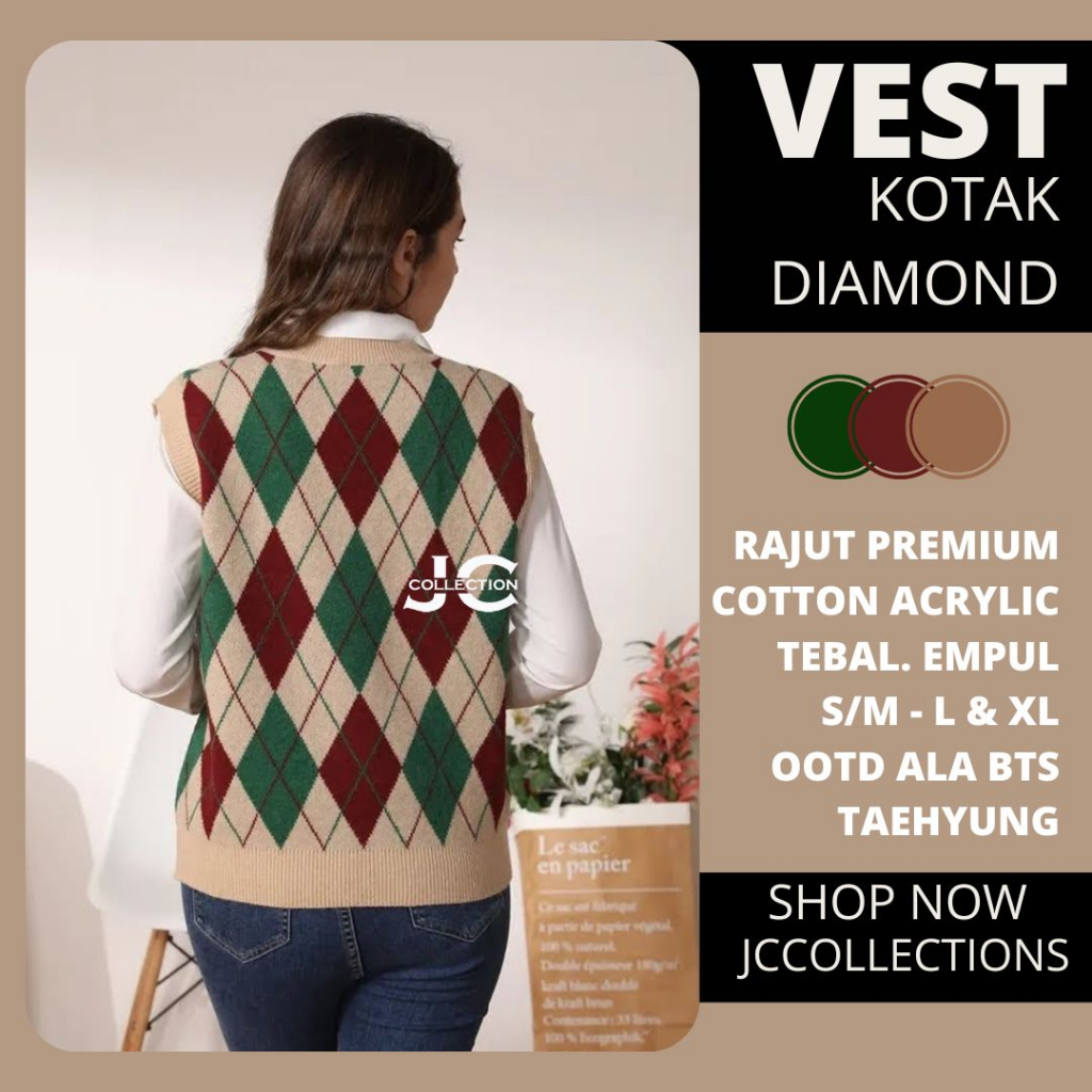 Vest Rajut Premium Sido OVERSIZE / Knit Vest Vneck Rompi Rajut Diamond Big Size JCCollections / Rompi Cewek Kotak