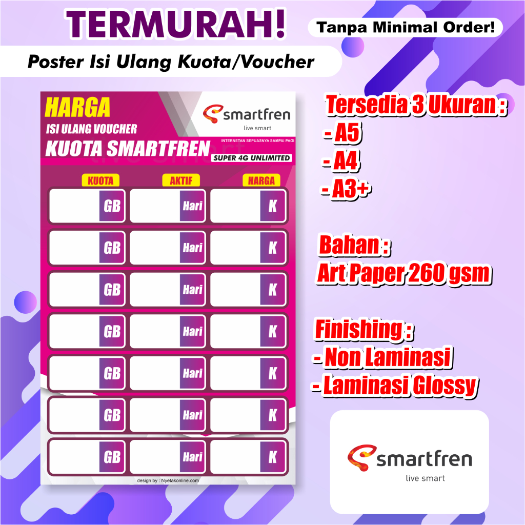 Poster Konter Daftar Harga Paket Data / Voucher /poster paket data konter / Daftar Harga Voucher Mur