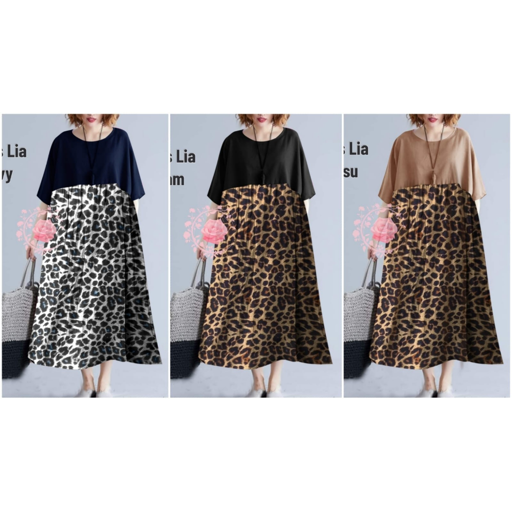 DRESS LIA OVERSIZE FASHION WANITA JUMBO/ GAUN MOTIF MACAN TUTUL LEOPARD / BAJU PESTA KASUAL