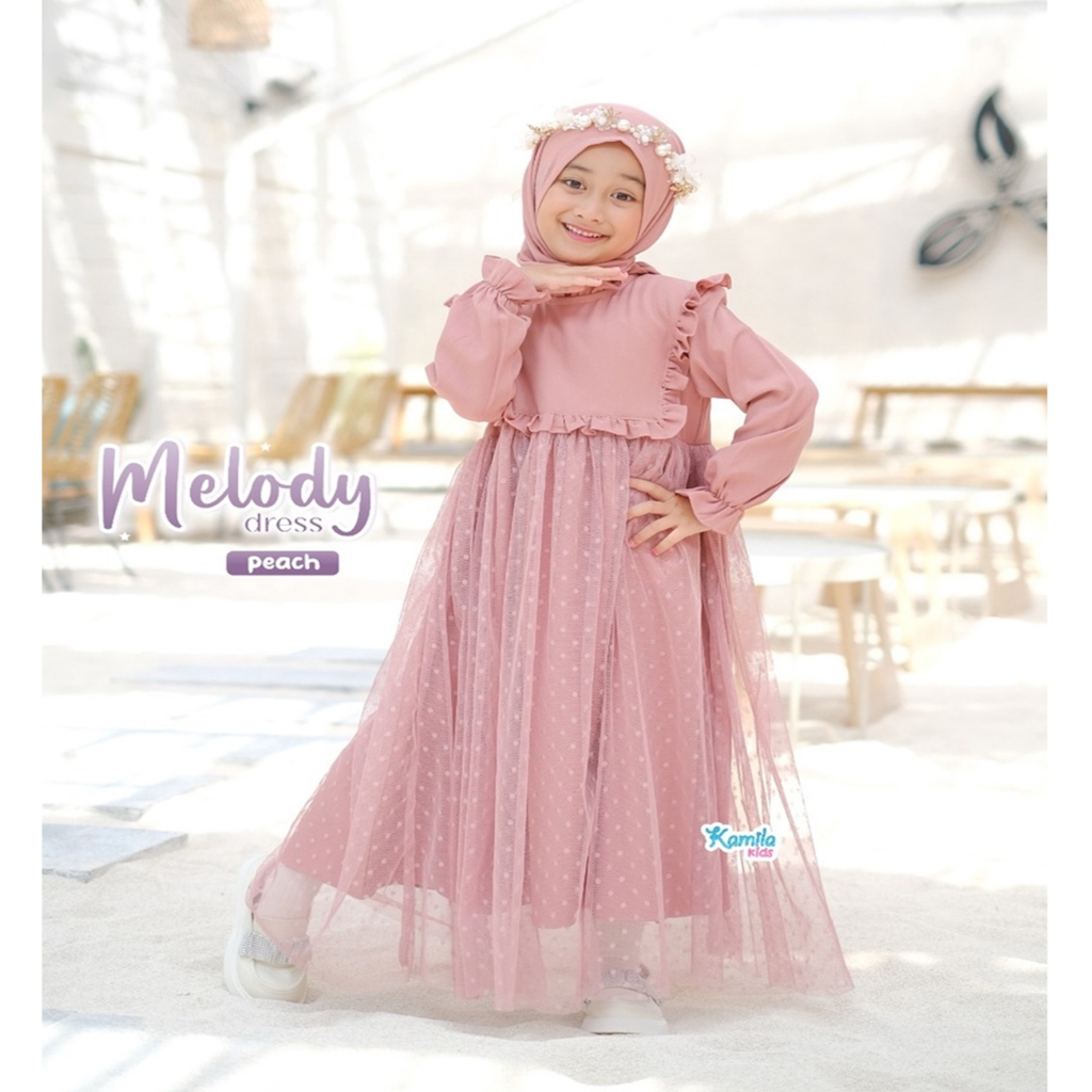 Brukat Anak Gaun Perempuan Melody Kids Gamis Muslim Anak Perempuan Set Hijab Koleksi Terbaru 2023 Baju Brokat Tille Simple Elagan Gamis Wanita