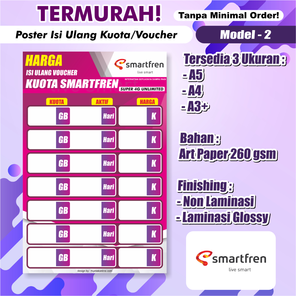 Poster Konter Daftar Harga Paket Data / Voucher /poster paket data konter / Daftar Harga Voucher Mur