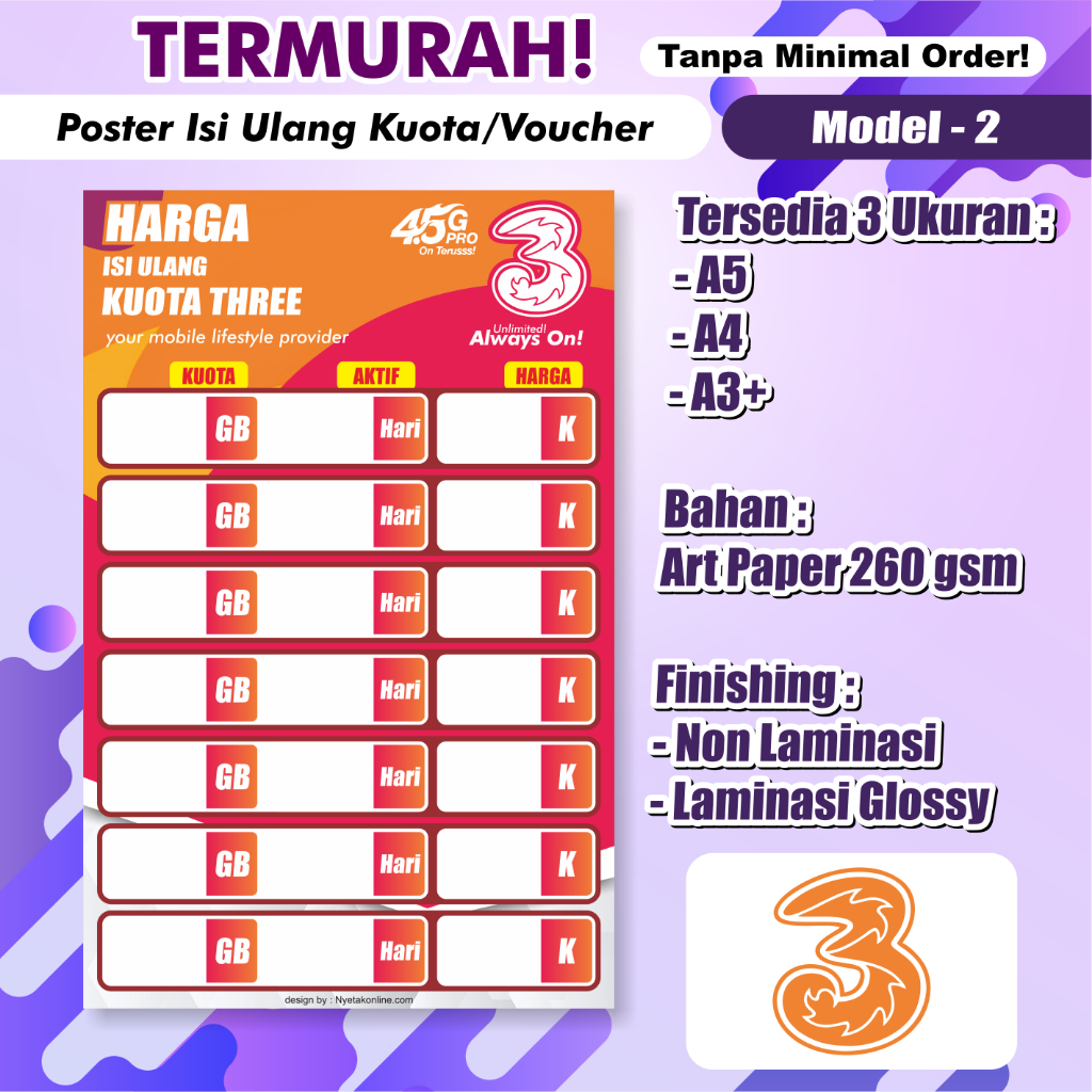 

Poster Konter Daftar Harga Paket Data / Voucher /poster paket data konter / Daftar Harga Voucher Murah [THREE AM-02]