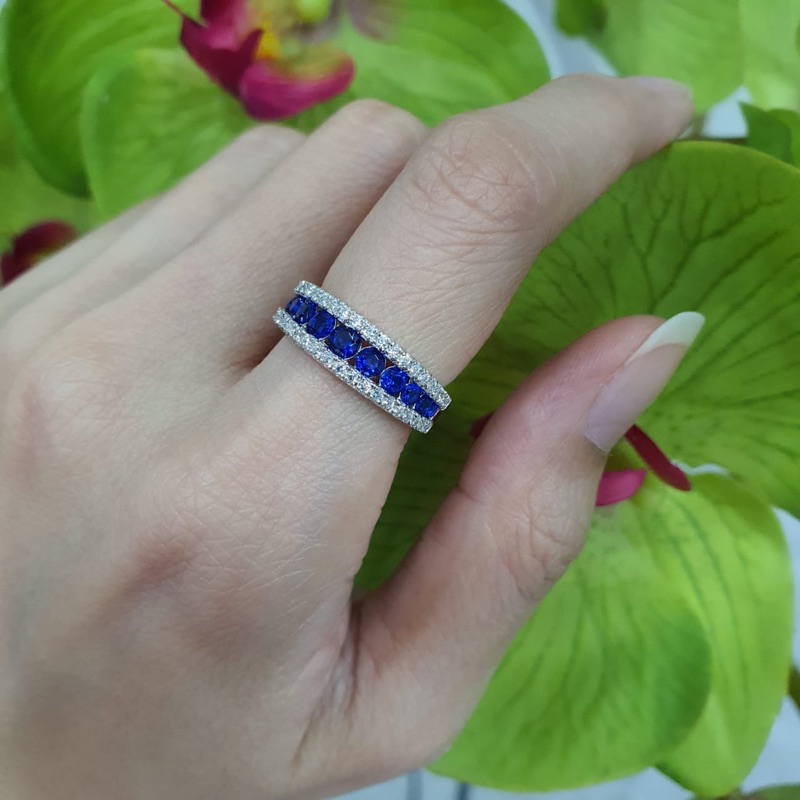 Blue sapphire double line Ring lab grown diamond Platina950