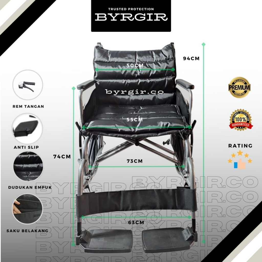 BYRGIR Kursi Roda Lipat Wheelchair Ukuran Big Size Jumbo Besar Travel Traveling Portable Comfort Kokoh Dan Kuat Nyaman Praktis Berat Pengguna Hingga -200KG