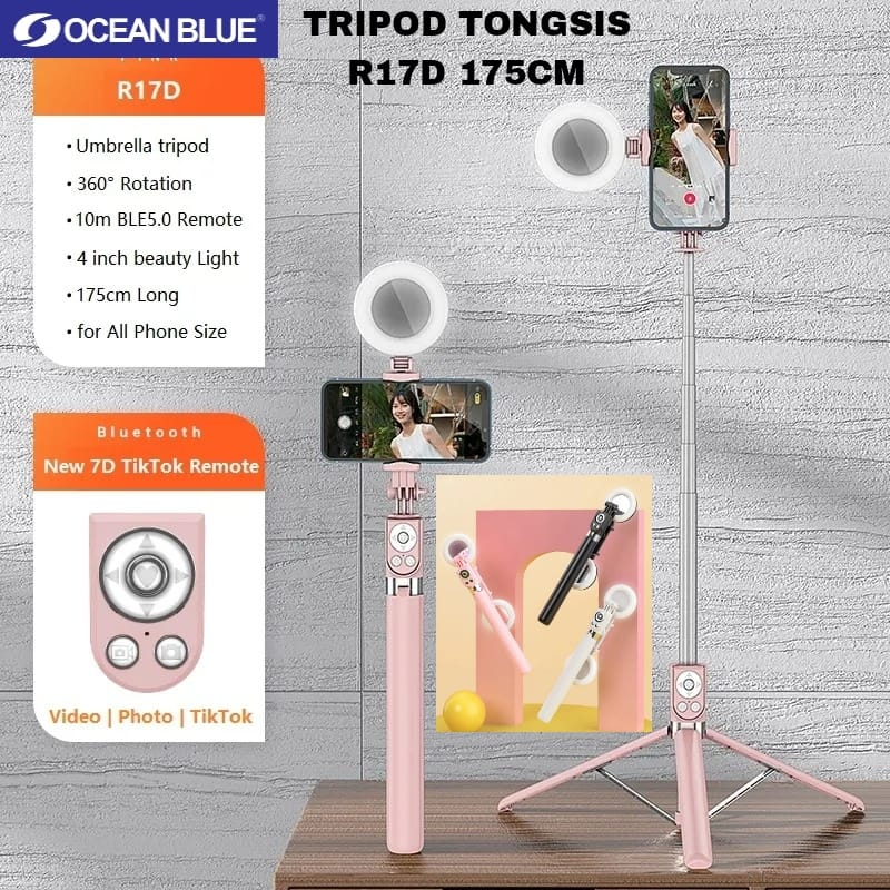 Ocean Blue OCN R17D Tripod Tongsis Remote Bluetooth Selfie Stick Lampu LED Flash 360° Tongsis Tripod Ringlight Portable 360 Derajat