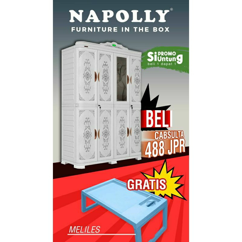 CABSULTA 488 JPR - Lemari Pakaian Plastik Jumbo Napolly 4 Pintu Kaca + Kunci Classic | Lemari Plasti