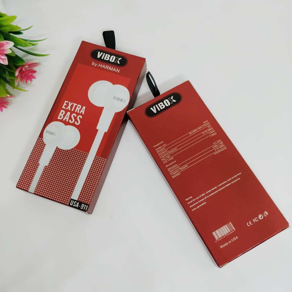 EARPHONE VIBOX USA911 RED PACK PREMIUM STYLE HF EXTRA BASS TERMURAH HIGH QUALITY HD AUDIO COMPATIBLE ALL SMARTPHONE PROMO SEN