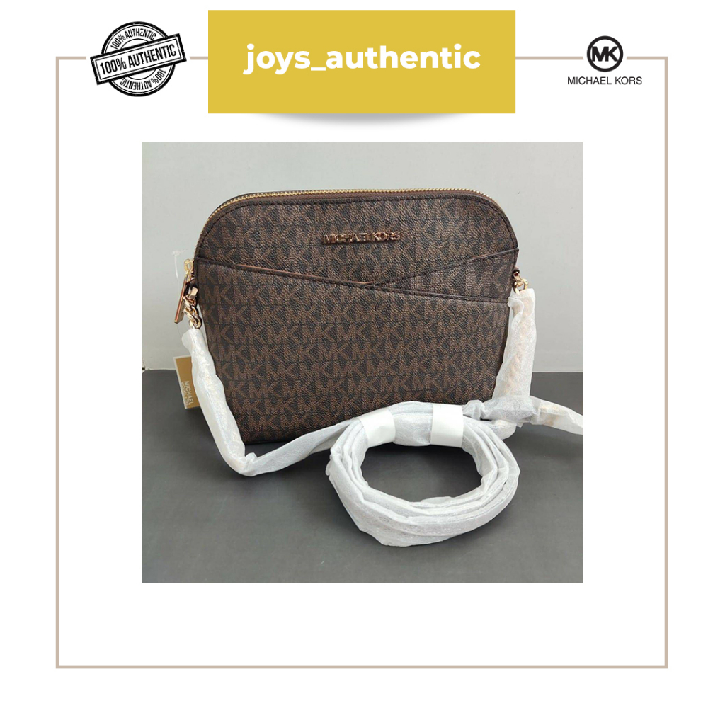 Tas Wanita Michael Kors Jet Set Travel Medium Dome Crossbody Monogram Coklat Brown Woman Bag Authent