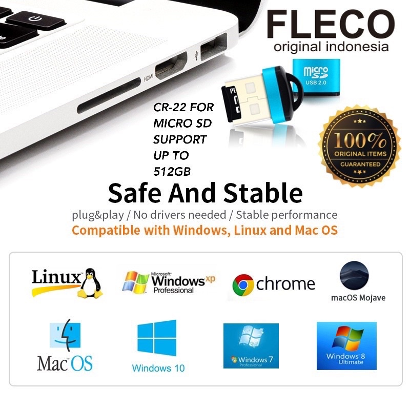 PROMO CARDREADER METALIC FLECO CR22 MICRO SD FASTER TRANSMISSION SPEED UP TO 512GB BY SMOLL