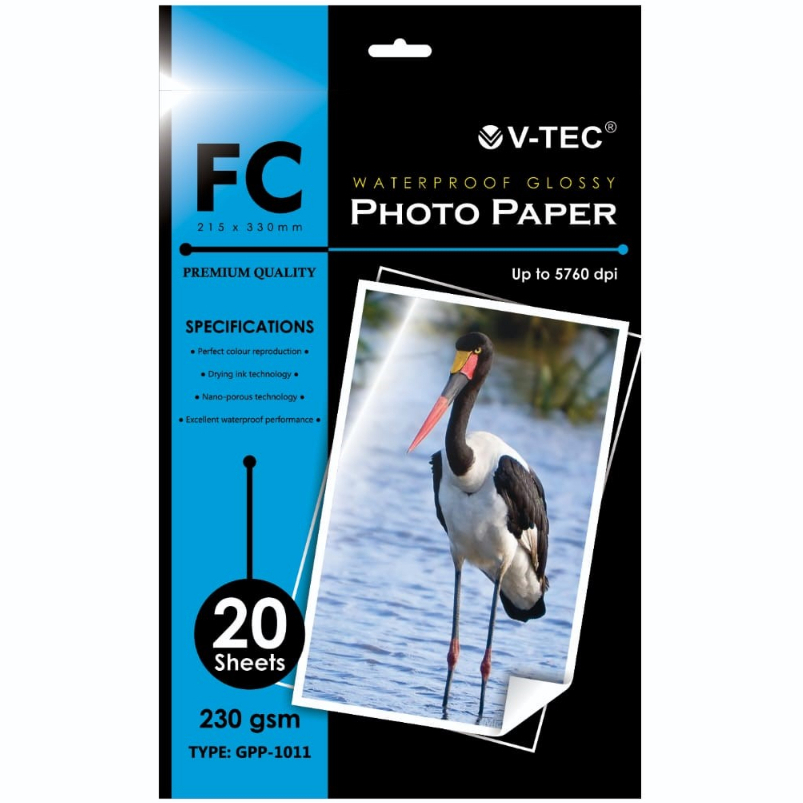 (1 PACK = 20 LMBR) Kertas Glossy Photo Paper Vtec FOLIO 230 gsm / Kertas Foto F4 / Kertas Photo V-Te