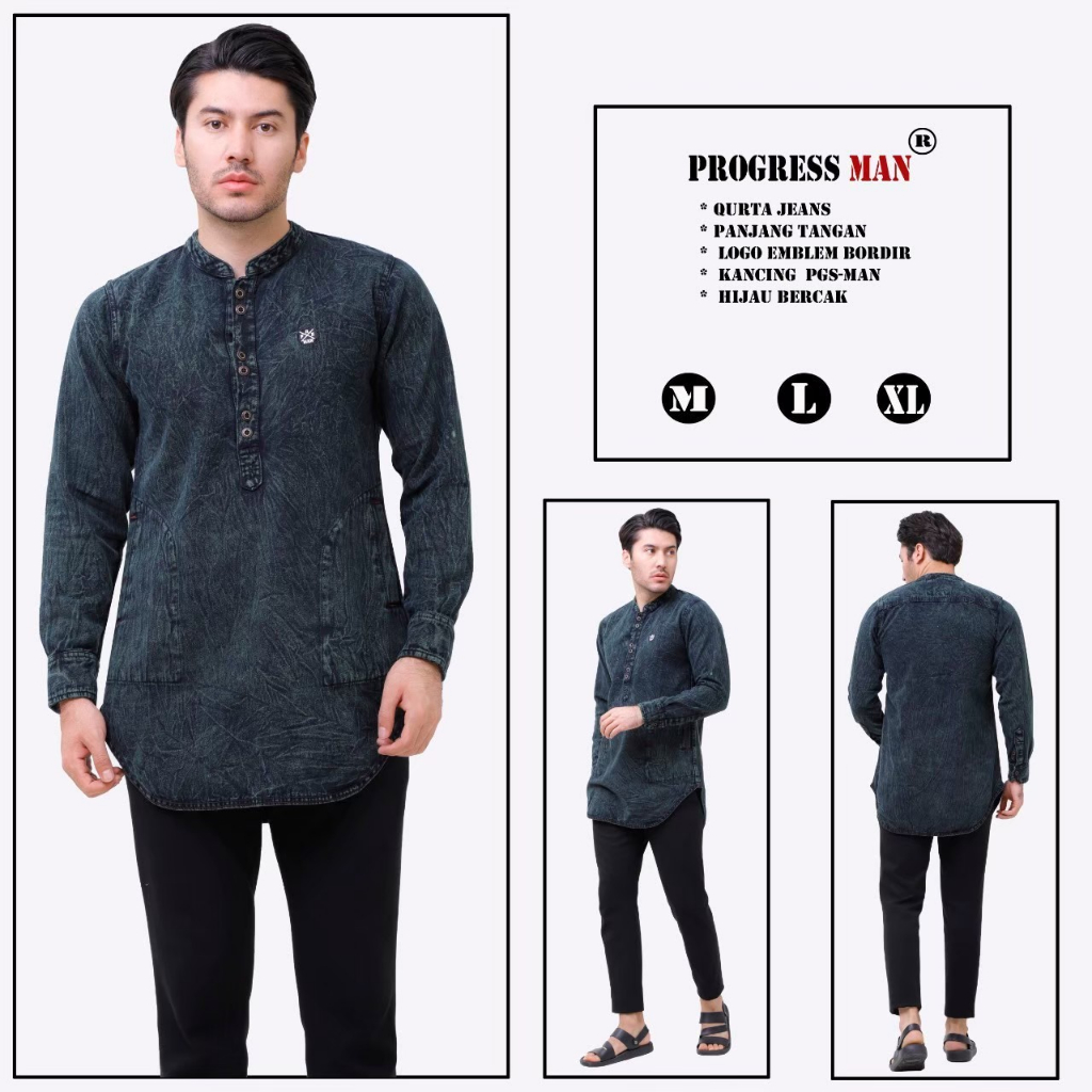 Baju koko kurta Pria Dewasa Jeans Denim Lengan panjang model Polos