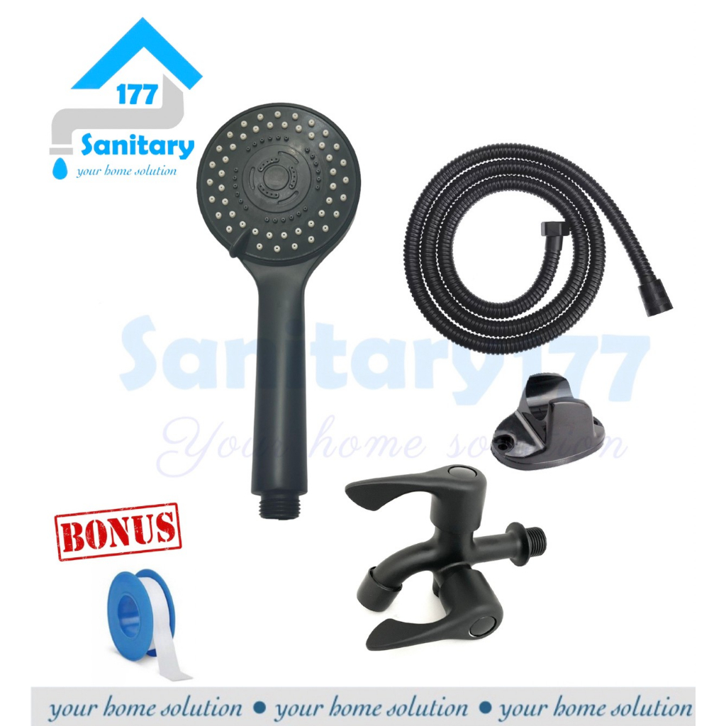 Paket Hand shower 3in1 HITAM 3088 dan kran cabang black - Handshower mandi complete set semprotan keran stainles