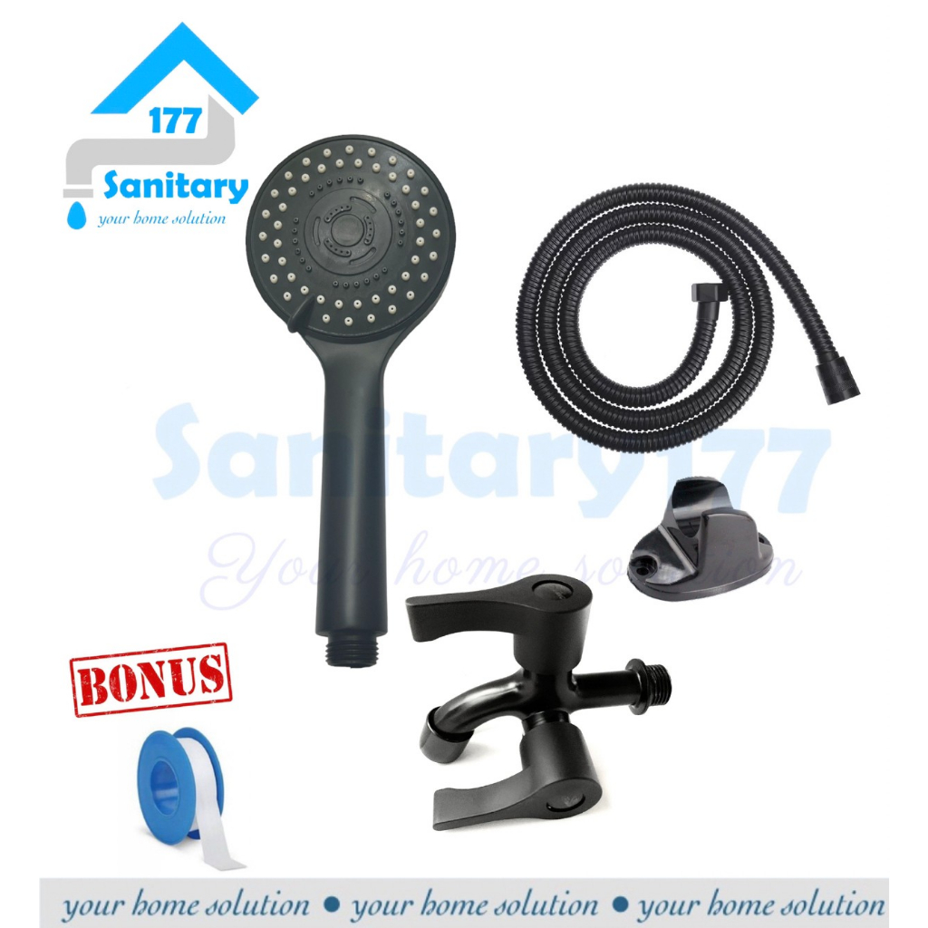 Paket Hand shower 3in1 HITAM 3088 dan kran cabang black - Handshower mandi complete set semprotan keran stainles