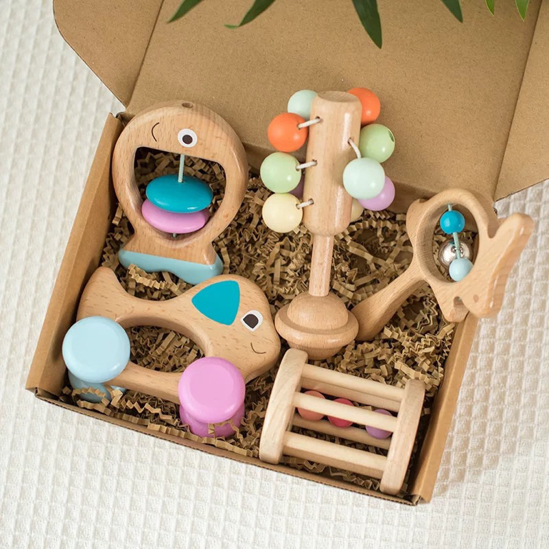 wooden baby hand rattles set multistages sensory kits kerincingan anak bahan kayu