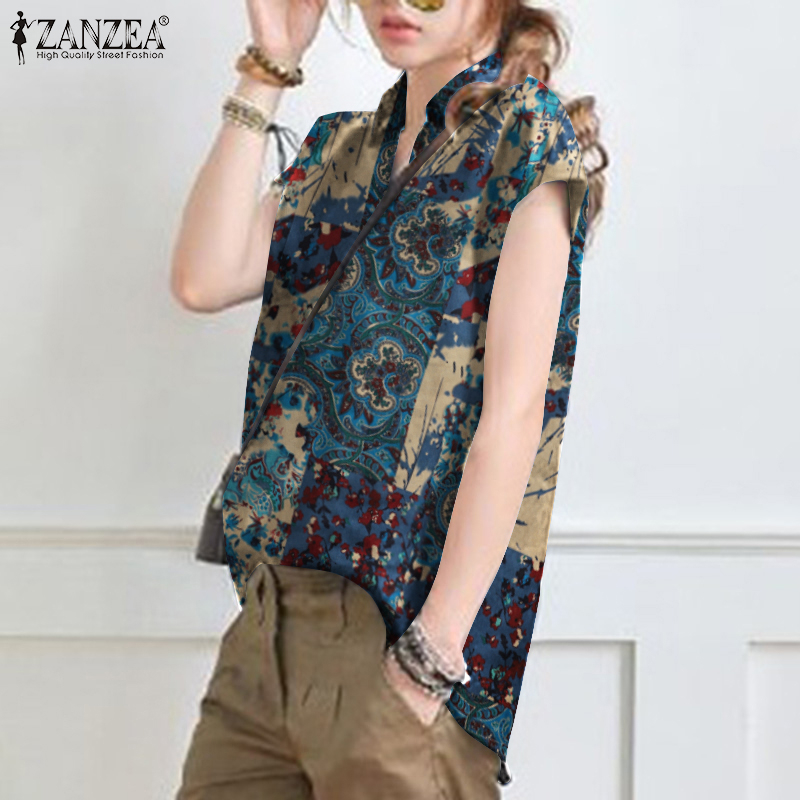 ZANZEA Women Short Sleeve Vintage Printing Turn-Down-Collar Blouse