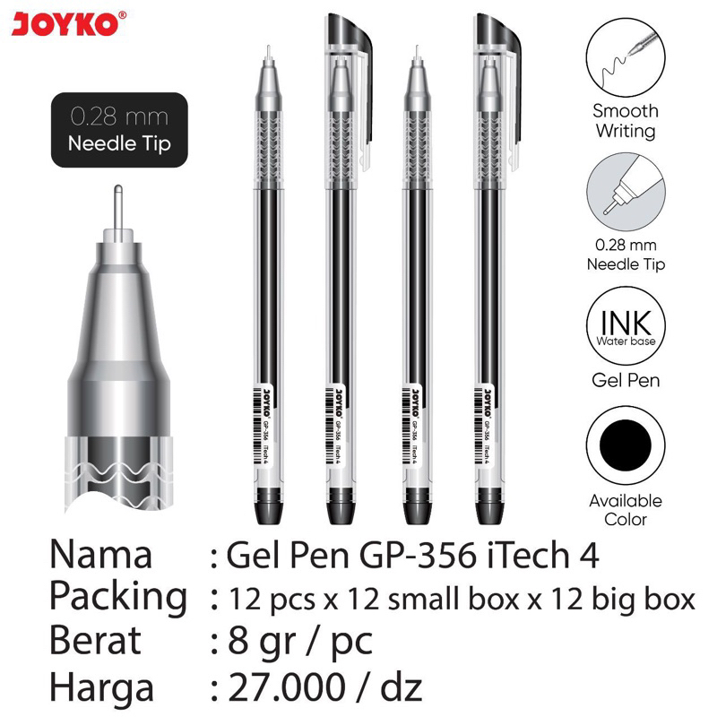 

(1 pcs) Pulpen Jel Itech4 0,28mm / Pen gel Itech 4 Hitech / Gelpen tinta hitam Joyko Gp-356 / Gp356