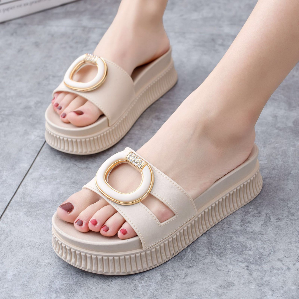 GROSIRTAS TG1746 Sandal Slip On Wedges Wanita Motif Ring O Import Kekinian