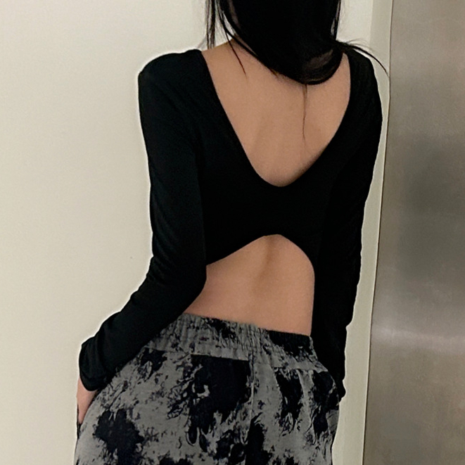 【AMY J】Korean Long Slevees Backless  T-Shirt  7598 ( S/M/L)