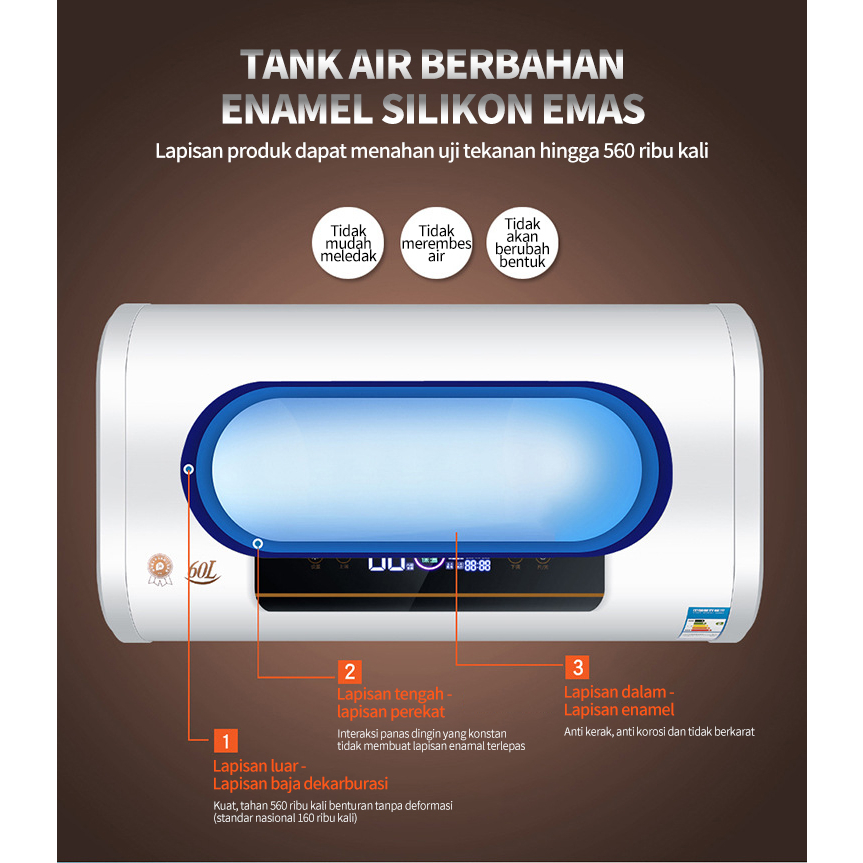 Waterheater Penyimpanan Air Pemanas Elektrik/ Kapasitas Penyimpanan Air 40L /Daya Tinggi 3000W Tengan Tiga Penyesuaian Kecepatan