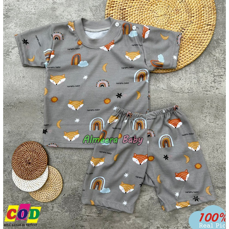 Setelan Baju Bayi Piyama Lengan Pendek Kancing Pundak Motif Printing Pelangi Usia 3-12 Bulan Almeera Baby and Kids