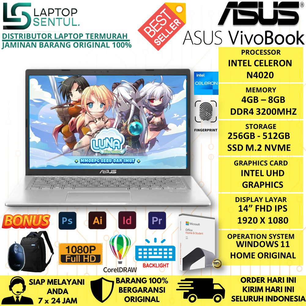 Laptop Murah Asus Vivobook Slim L210MA Intel N4020 RAM 4GB SSD 512GB 11 HD Windows 11 Terlaris