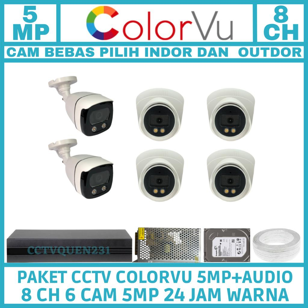 PAKET CCTV COLORVU 8 CHANNEL 6 KAMERA FULL COLOR IR SONY 5MP 1080P TURBO HD KOMPLIT TINGGAL PASANG