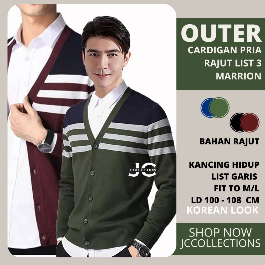 Outer Kardigan Cowok Motif List 3 Warna / Cardigan Rajut Pria Korean Look Variasi Garis Tritone JCCollections